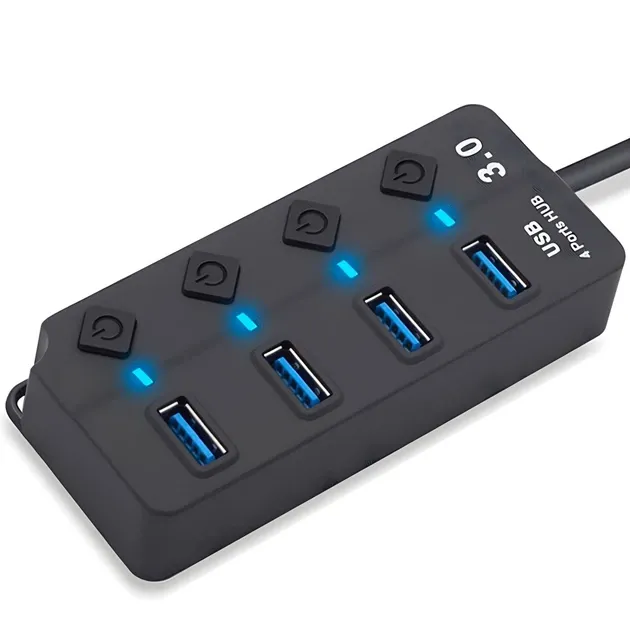 Швидкісний USB-хаб 3.0 на 4 порти з кнопками вмикання (Кабель 30 см, 5 Гбіт/с)