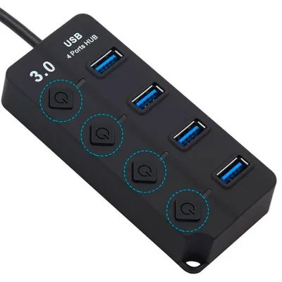 Швидкісний USB-хаб 3.0 на 4 порти з кнопками вмикання (Кабель 30 см, 5 Гбіт/с)