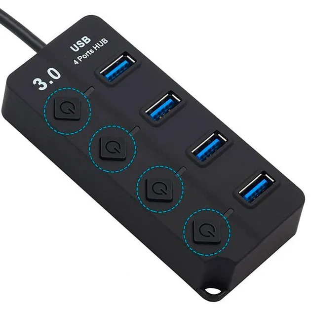Швидкісний USB-хаб 3.0 на 4 порти з кнопками вмикання (Кабель 30 см, 5 Гбіт/с)