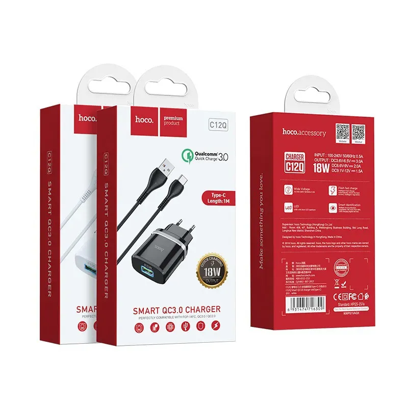 Мережевий зарядний пристрій Hoco C12Q Smart QC3.0 18W + кабель Type-C (1m) Black