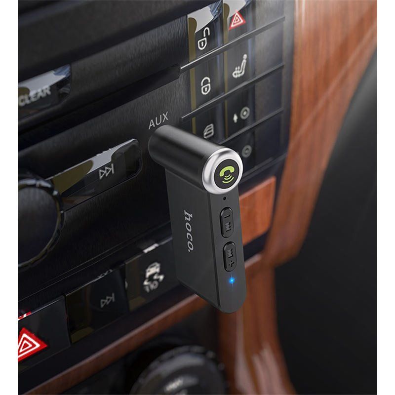 Bluetooth-адаптер hoco. E58 In-Car AUX Wireless Receiver (Bluetooth 5.0, 3.5 мм, 8 год роботи) — Чорний