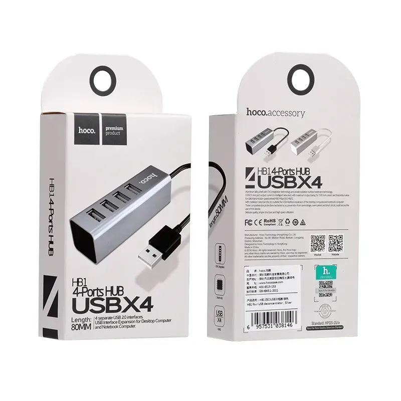 USB-хаб (розгалужувач) Hoco HB1 4-Ports USB 2.0 (Кабель 80 см, Чорний)