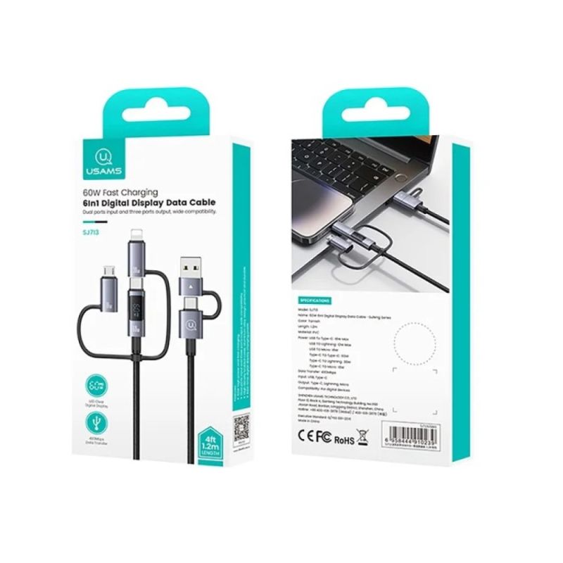 Універсальний кабель мультиперехідник USAMS SJ713 6-in-1 Fast Charging PD 60W з LED-дисплеєм (1.2м)