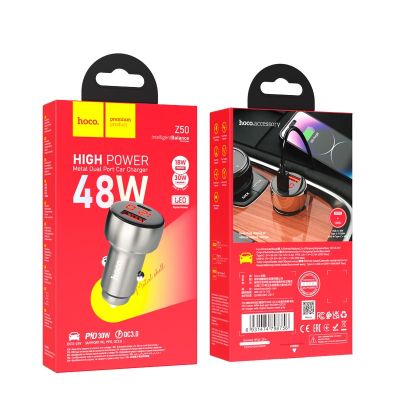 Автомобільний зарядний пристрій Hoco Z50 Intelligent Balance 48W (USB-A 18W + Type-C PD 30W) з LED дисплеєм, металевий