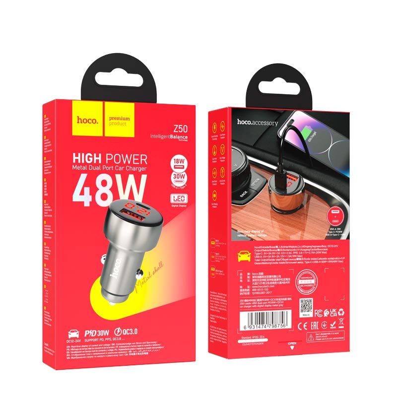 Автомобільний зарядний пристрій Hoco Z50 Intelligent Balance 48W (USB-A 18W + Type-C PD 30W) з LED дисплеєм, металевий