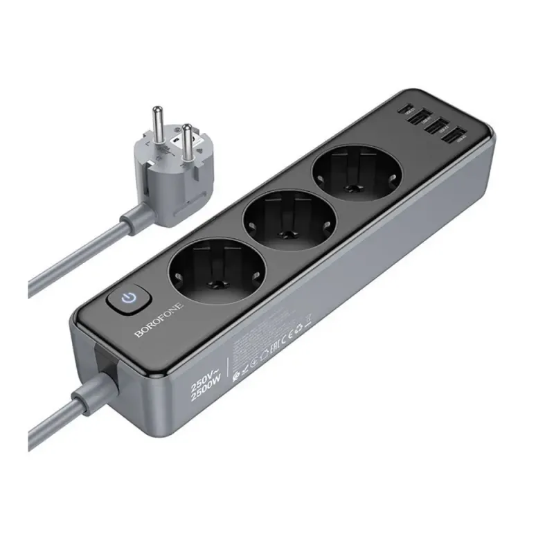 Мережевий фільтр-подовжувач Borofone BAC8 3 розетки + 4 USB, 2.0м(зас.тов.)