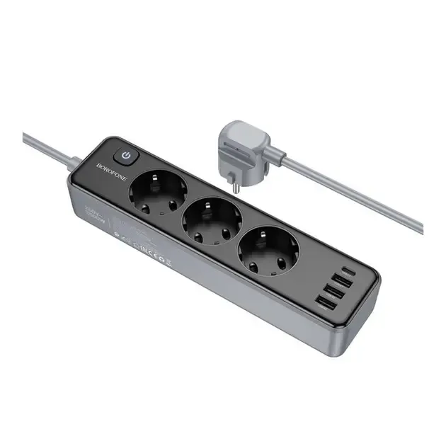 Мережевий фільтр-подовжувач Borofone BAC8 3 розетки + 4 USB, 2.0м(зас.тов.)