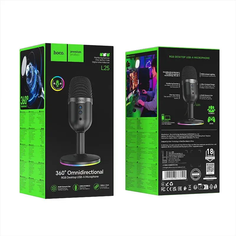 Ігровий USB-мікрофон Hoco L25 Breeze RGB з моніторингом та швидким вимкненням (Чорний)