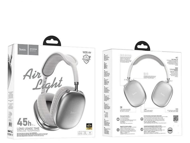 Бездротові накладні навушники HOCO W35 Air Light (Bluetooth 5.3, AUX, TF, до 45 год роботи) — Сріблясті