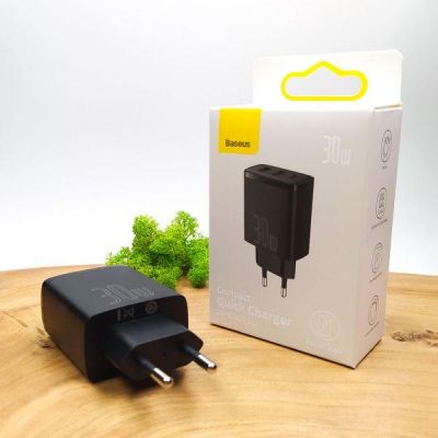Мережевий зарядний пристрій Baseus Compact Quick Charger 30 W QC + PD (Type C + 2 USB) Black
