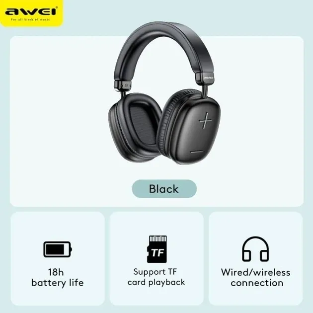 Бездротові Bluetooth-навушники Awei AT6 HiFi з підтримкою MicroSD (TF) та AUX — Чорні